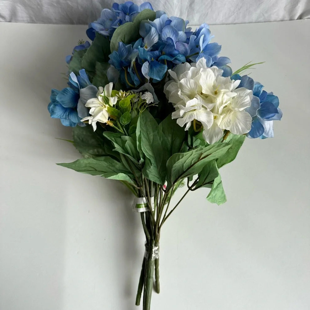 Artificial Blue and White Hydrangea Bouquet Elegant Floral Arrangement for Home
